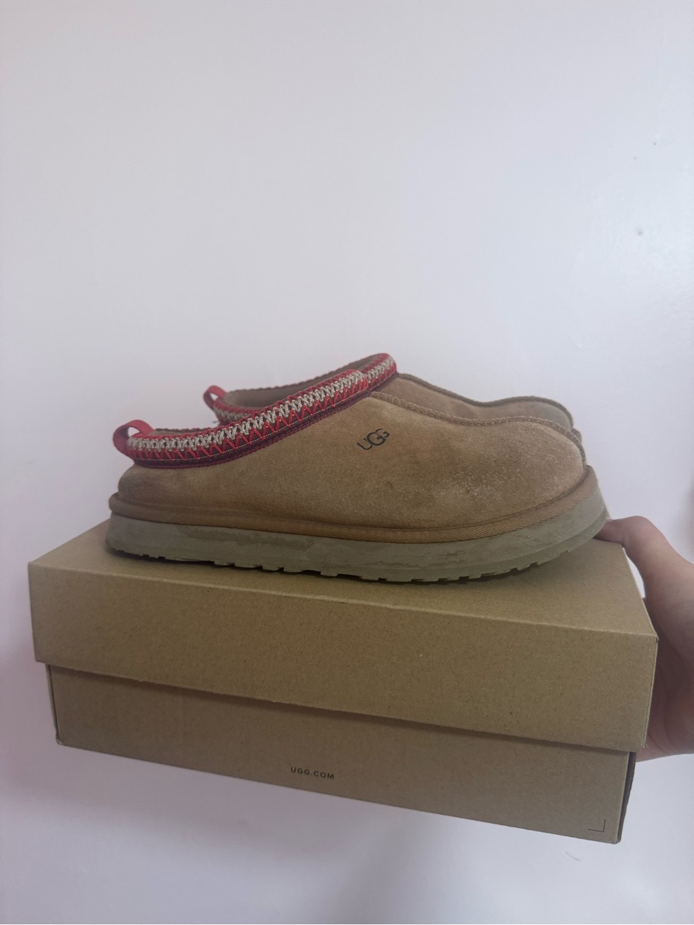 UGG Chestnut Suede Slip-On Clog with Red Accent